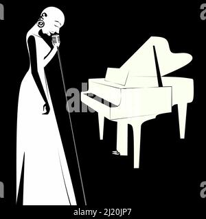 Femme bald africaine chanteuse de jazz avec microphone rétro sur le fond du piano dans la silhouette plate ligne continue noire et blanche illustrat Illustration de Vecteur