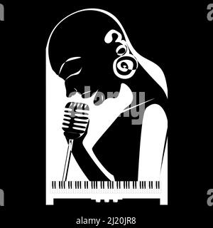 Femme bald africaine chanteuse de jazz avec microphone rétro sur le fond du piano dans la silhouette plate ligne continue noire et blanche illustrat Illustration de Vecteur