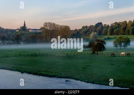 Paysage typique de la campagne belge lors d'une belle journée de printemps. Municipalité de Florenville, Wallonie, province de Luxembourg, Belgique Banque D'Images