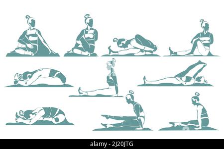 Ensemble de jeune femme athlétique mince faisant du yoga et de la forme physique. Un mode de vie sain. Collection de silhouettes femelles démontrant différentes positions de yoga est Illustration de Vecteur