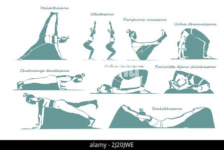 Ensemble de jeune femme athlétique mince faisant du yoga et de la forme physique. Un mode de vie sain. Collection de silhouettes femelles démontrant différentes positions de yoga est Illustration de Vecteur