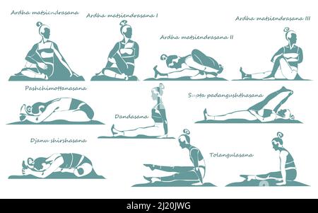 Ensemble de jeune femme athlétique mince faisant du yoga et de la forme physique. Un mode de vie sain. Collection de silhouettes femelles démontrant différentes positions de yoga est Illustration de Vecteur