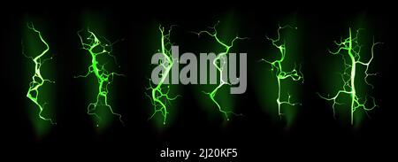 Fissures de mise à la terre avec vue du dessus de la lumière vert néon. Vecteur jeu réaliste de foudre, d'orage, d'impacts électriques isolés sur fond noir. Fissures de destruction de terres avec lueur magique Illustration de Vecteur