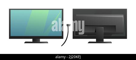 Computer monitor power. Front and back views. Cartoon style. Object isolated on white background. Vector. Illustration de Vecteur