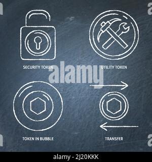 Ensemble d'icônes de jeton NFT pour tableau de surveillance. Jetons d'utilitaire et de sécurité, symboles de transaction. Illustration vectorielle. Illustration de Vecteur