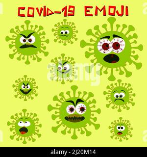 Covid19 ensemble de vecteurs émojis du virus corona. Émoticônes et émoticônes du coronavirus Covid-19 avec expressions faciales effrayantes et en colère sur fond blanc. Vecteur Illustration de Vecteur