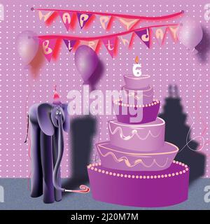 Une carte d'anniversaire heureuse avec un bébé éléphant dans un chapeau de fête et avec une raclette dans son coffre, regardant un grand gâteau avec une bougie sur le dessus dans la merde Illustration de Vecteur