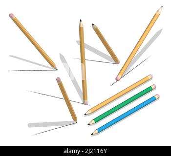 Crayon en bois isométrique avec gomme dans différentes positions. Dessinez et effacez des esquisses de ligne. Vecteur réaliste 3D isolé sur fond blanc Illustration de Vecteur