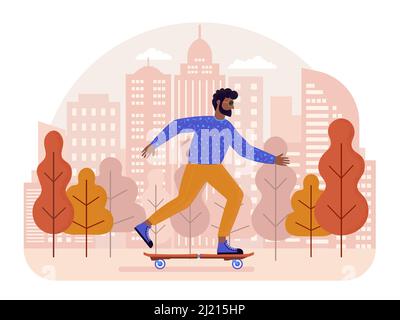 Black Man Riding Skateboard dans le parc de la ville Illustration de Vecteur