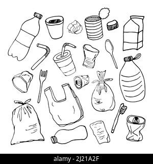 Jeu d'icônes d'arrêt de pollution en plastique dessinées à la main.Collection de symboles d'esquisse d'illustration vectorielle.éléments de concept de dessin animé symbole de recyclage de bouteille de sac.ICO Illustration de Vecteur