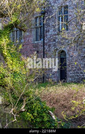 Mur et porte du château. Château de YHA St Briavels, St Briavels, Gloucestershire. ROYAUME-UNI Banque D'Images