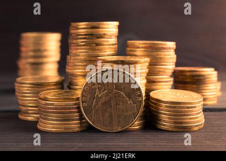 Argent ukrainien. Pièces de monnaie en acier ukrainien de 1 hryvnia sur fond sombre. Image du grand Volodymyr, Translate Volodymyr Velykyy sur l'ob Banque D'Images