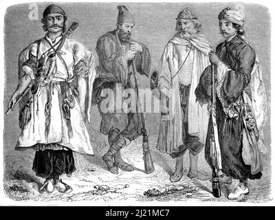 Portraits d'hommes persans ou d'hommes iraniens portant des vêtements traditionnels iraniens ou un costume ethnique comprenant un Kurd, un prêtre ou un Pasteur, un Dervish et un nomade, Iran. Illustration ancienne ou gravure 1860. Banque D'Images