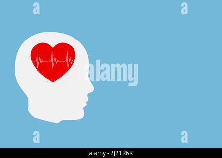 Concept de santé mentale. Contour blanc de la tête abstrait avec cœur rouge et pouls cardiaque sur fond bleu. 3D rendu Banque D'Images