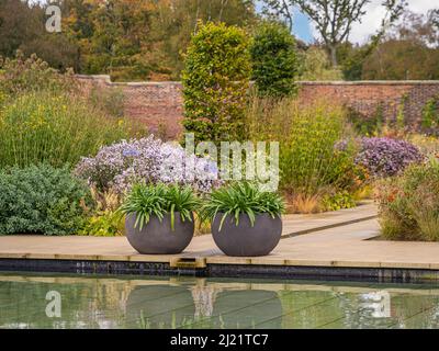 De grandes jardinières rondes en forme de bol placées de chaque côté de l'aneth qui coule dans la piscine du Paradise Garden à RHS Bridgewater. Banque D'Images