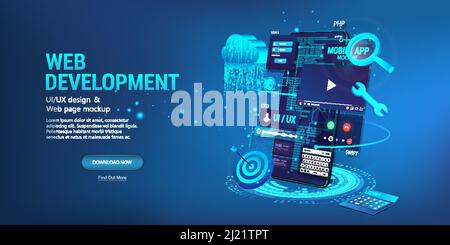 Bannière Web - développement d'un site Web et d'applications pour les téléphones mobiles Illustration de Vecteur
