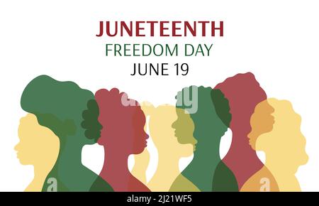 Bannière de la dix-septième journée de la liberté. Silhouettes de personnes afro-américaines en profil. Hommes et femmes africains. Vacances de juin 19. Illustration d'affiche vectorielle. Illustration de Vecteur