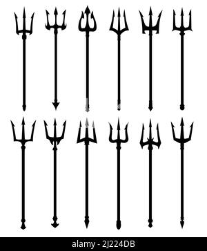 Silhouettes de la fourchette de trident du diable, Poséidon, arme de lance Neptune ou Triton, icônes de fourche de vecteur. Marin trident comme symbole nautique de dieu marin et océanique, harpon nautique ou fourche Zeus Illustration de Vecteur