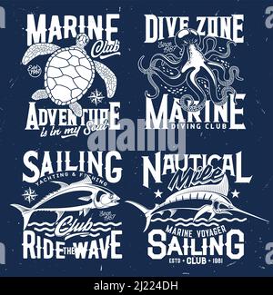 Empreintes de t-shirt avec animaux sous-marins vecteur , pieuvre, tortue, thon et marlin. Plongée sous-marine ou club de pêche mascottes, créatures marines et typographie grunge sur fond bleu, t emblèmes de chemise Illustration de Vecteur