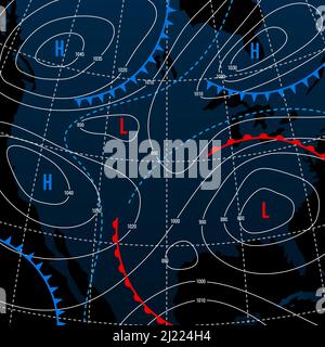 Prévisions météorologiques isobar sur la carte de nuit américaine, météorologie vents fronts et diagramme de température vecteur. Carte des États-Unis pour les prévisions météorologiques avec des cartes de pression et de vent, prévision synoptique isobar Illustration de Vecteur