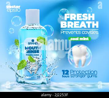 Bouteille de rince-bouche ou de rince-bouche à la menthe fraîche et réaliste avec éclaboussures d'eau, feuilles et dents de menthe vectorisées. Bain de bouche dentaire pour les dents blanches, la gomme et la cavité avec la saveur de menthe Illustration de Vecteur