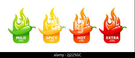 Étiquettes de niveau épicé chaud de jalapeno vecteur, piment, poivrons cayenne avec flammes de feu. Indicateurs de l'échelle de goût des aliments épicés ou de la sauce, signes de classement vert, rouge, jaune et orange pour le goût chaud, extra et doux Illustration de Vecteur