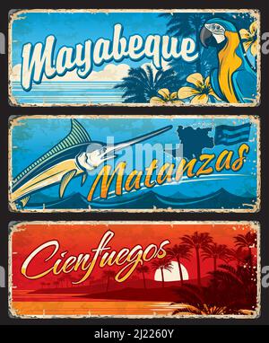 Mayabeque, Matanzas, Cienfuegos régions cubaines plaques et autocollants de voyage. Provinces de Cuba signes vectoriels avec drapeau et carte, palmiers royaux, perroquet, fleurs de mariposa et paysages de plage de la mer des Caraïbes Illustration de Vecteur