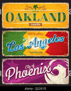 Oakland, Los Angeles et Phoenix american villes plaques et autocollants de voyage. BANNIÈRE US City grunge, Etats-Unis d'Amérique voyage grunge panneaux d'étain vecteur avec drapeaux de villes et symboles de blason Illustration de Vecteur