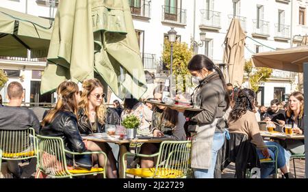 Bombilla Gastrobar sur la Plaza de Sta. Ana, Madrid, Espagne. Serveur en masque de visage, touristes appréciant la bière dans la terrasse extérieure de Bombilla gastrobar. Banque D'Images