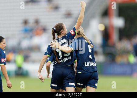 Amy Jackson, de Melbourne Victory, célèbre après avoir remporté un but lors du match de la Grande finale Des femmes De La Ligue A entre le FC de Sydney et la Melbourne Victory A. Banque D'Images