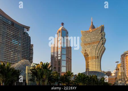 Macao, 2 2017 JANVIER - vue au coucher du soleil sur la Banque de Chine et le Grand Lisboa Casino Banque D'Images