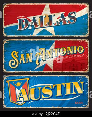 Dallas, Austin et les villes américaines plaques et autocollants de voyage. Etats-Unis d'Amérique bannière grunge, boîte de boîte de vecteur vintage avec symbole étoile drapeau. Carte postale ou carte souvenir de la visite de vacances aux États-Unis Illustration de Vecteur