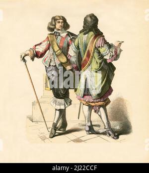 Deux cavaliers français, dernier tiers du 17th siècle, Illustration, l'histoire du costume, Braun & Schneider, Munich, Allemagne, 1861-1880 Banque D'Images
