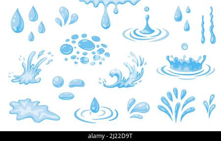 Jeu d'icônes plates de jets d'eau. Illustration vectorielle des vagues de mer, pulvérisation de fontaine, surface humide, formes de gouttes. Éléments symbole de l'eau pour un design créatif Illustration de Vecteur