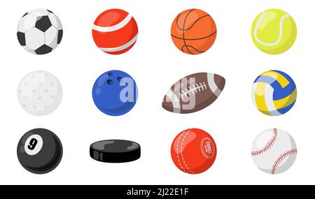 Balles de sport. Palet de hockey, football, baseball, basket-ball, football, handball, balles de rugby. Illustrations vectorielles pour les activités sportives de jeux d'équipe, Illustration de Vecteur