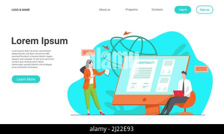 Les gens d'affaires signant le contrat en ligne avec l'illustration de vecteur de signe électronique. Les responsables parviennent à un accord officiel. Documents officiels, contr. En ligne Illustration de Vecteur