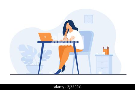 Dessin animé épuisé femme assis et table et travail isolé illustration vectorielle plate. Femme d'affaires fatiguée avec le syndrome professionnel de l'épuisement professionnel. Fatigué Illustration de Vecteur