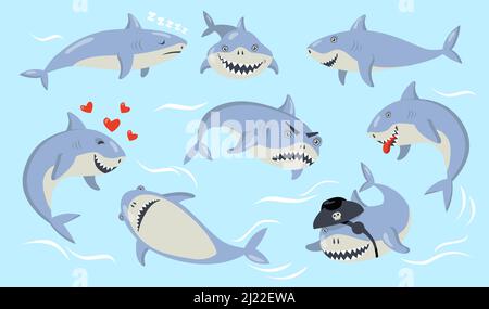 Ensemble d'émotions différentes de requin de dessin animé. Joli poisson prédateur de bébé se mettre heureux, en colère, tombant dans l'amour ou dormir. Illustrations vectorielles pour l'eau Illustration de Vecteur