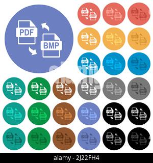 Conversion de fichiers PDF BMP icônes plates multicolores sur arrière-plans ronds. Inclut des variantes d'icônes blanches, claires et sombres pour le survol et l'effe d'état actif Illustration de Vecteur