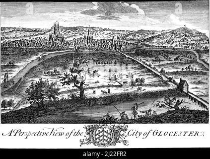 Une vue en perspective de la ville de Glocester (Gloucester) Royaume-Uni numérisé à haute résolution à partir d'un magazine imprimé en 1750. Banque D'Images