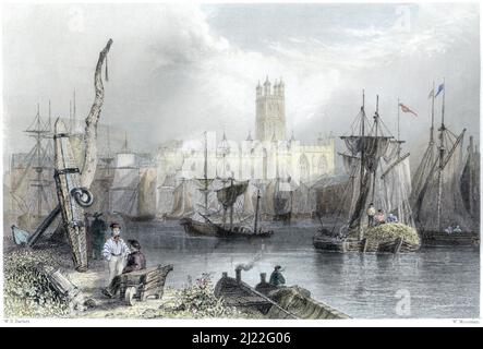 Gravure finement colorée à la main de la cathédrale de Gloucester, vue à travers les Docks pleine de navires, numérisée en haute résolution à partir d'un livre imprimé en 1842. Banque D'Images