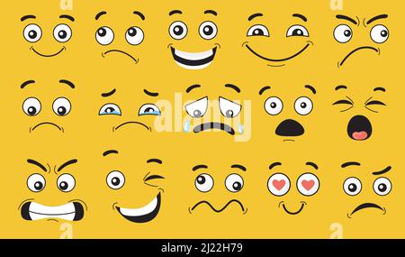 Jeu d'expressions de visage de bande dessinée. Souriant, pensif, heureux, pleurant, choqué, peur, visage de personnage de dessin animé en colère, grimaces avec les yeux et la bouche. Vecteur illu Illustration de Vecteur