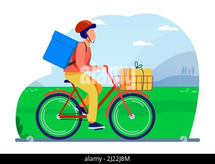 Vélo de coursier avec colis. Illustration d'un homme sur des boîtes de transport de vélo dans un chariot et un sac à dos à plat. Service de livraison, concept de travail pour banne Illustration de Vecteur