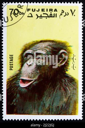 FUJEIRA - VERS 1972 : un timbre imprimé dans le Fujeira montre Monkey, série Monkeys, vers 1972 Banque D'Images