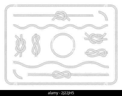 Ensemble de nœuds marins. Cordes et nœuds nautiques divers, cercle, bordure, corde ondulée. Éléments décoratifs vintage pour la mer, la voile, la marine, y Illustration de Vecteur