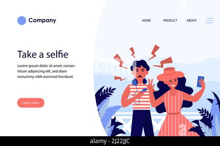 Couple de touristes prenant le selfie en vacances. Un homme en colère agacé, une femme heureuse illustration vectorielle plate. Communication, relation, concept de conflit f Illustration de Vecteur