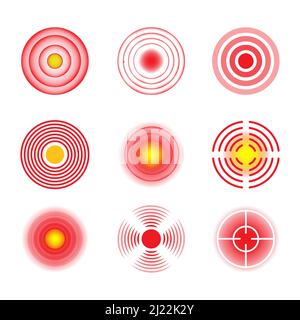 Ensemble de zones de douleur. Foyer d'inflammation, cercle rouge de douleur, cible, marqueur douloureux. Peut être utilisé pour la dent douloureuse, la gorge, l'articulation, le cou illustration, médical le Illustration de Vecteur