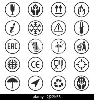 Jeu de symboles de boîte de conditionnement. Recyclage, verre, fragile, plastique, panneaux d'avertissement pour parasol. Pictogrammes ronds pour la conception, la livraison, la logistique, le carton Illustration de Vecteur
