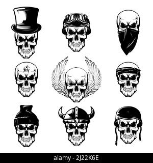 Jeu d'icônes de tatouage du crâne différent. Crânes brutaux avec casque, ailes, chapeau, casquette et bandana collection d'illustrations vectorielles. Symboles de motards et de rock c Illustration de Vecteur