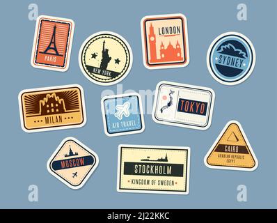 Ensemble de badges de voyage. Autocollants vintage avec noms de ville et sites touristiques. Illustration vectorielle pour vacances d'été, vacances, concepts touristiques, étiquette touristique te Illustration de Vecteur